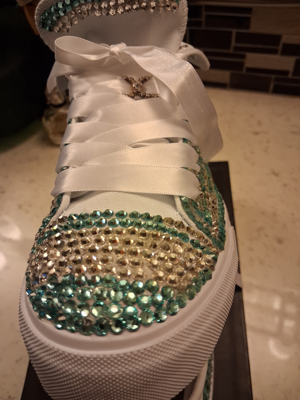 Amazon White Sneakers with Teal and Silver Crystal Accents